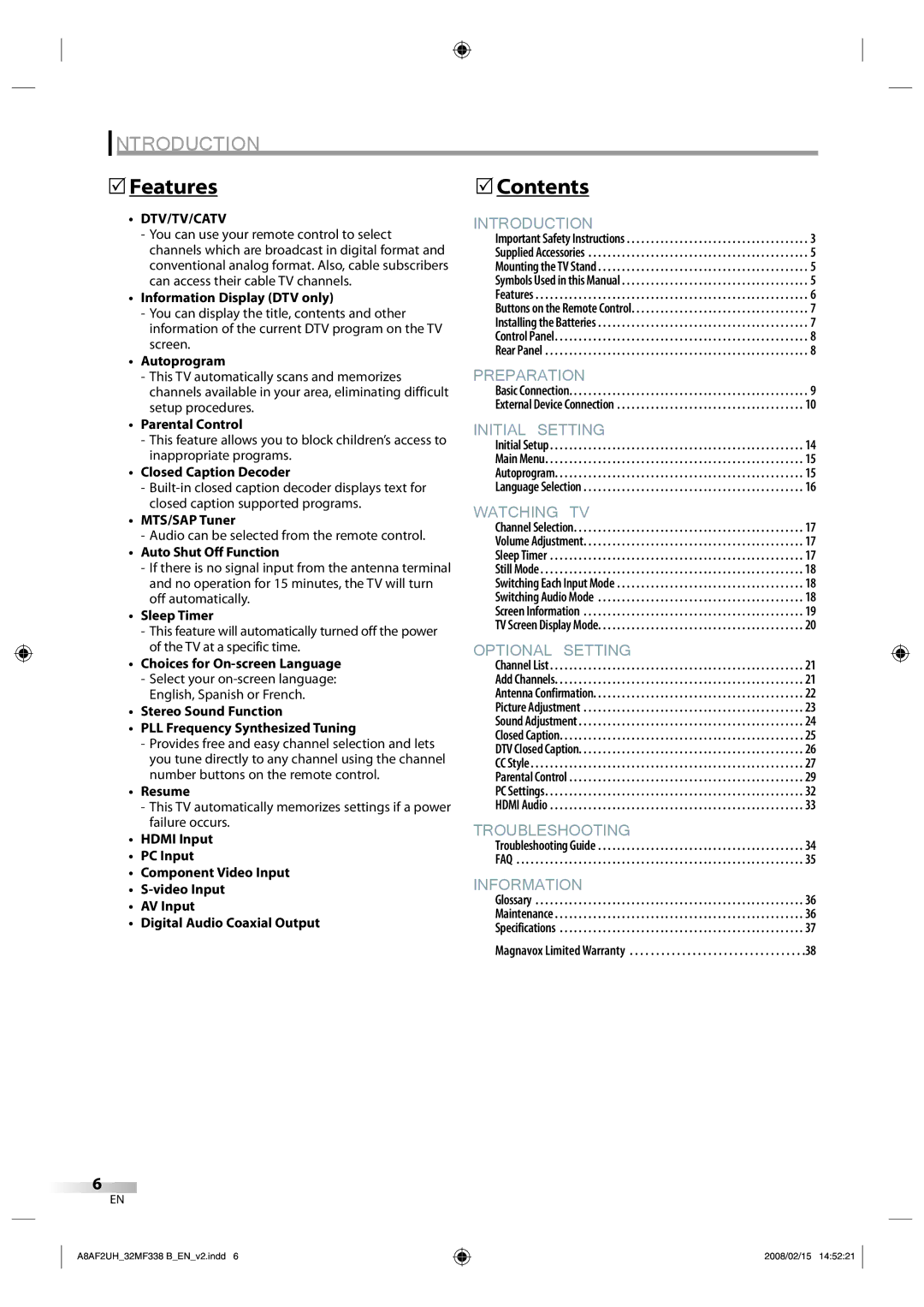 Magnavox 32MF338B user manual Features, Contents, Dtv/Tv/Catv 