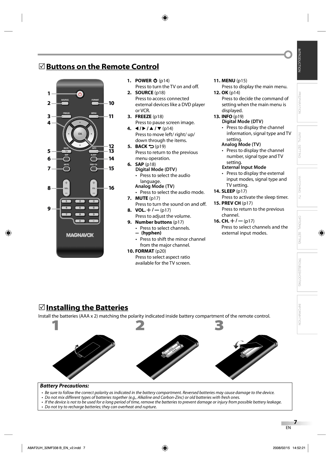 Magnavox 32MF338B user manual 5Buttons on the Remote Control, 5Installing the Batteries, Battery Precautions, Back, Vol 