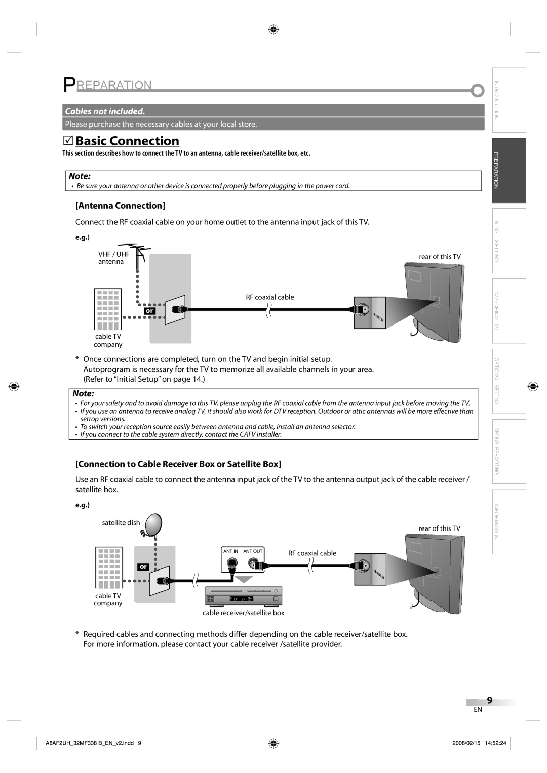 Magnavox 32MF338B Preparation, 5Basic Connection, Antenna Connection, Connection to Cable Receiver Box or Satellite Box 