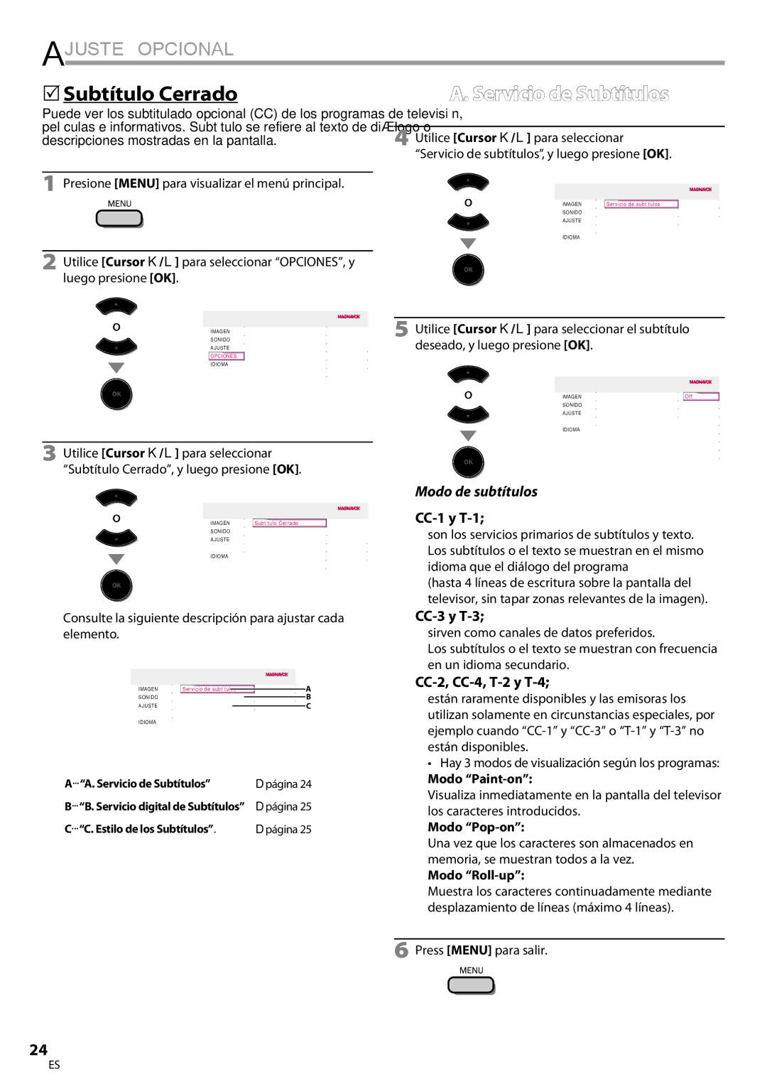 Magnavox 32MF339B user manual 5Subtítulo Cerrado, Servicio de Subtítulos, Modo de subtítulos 