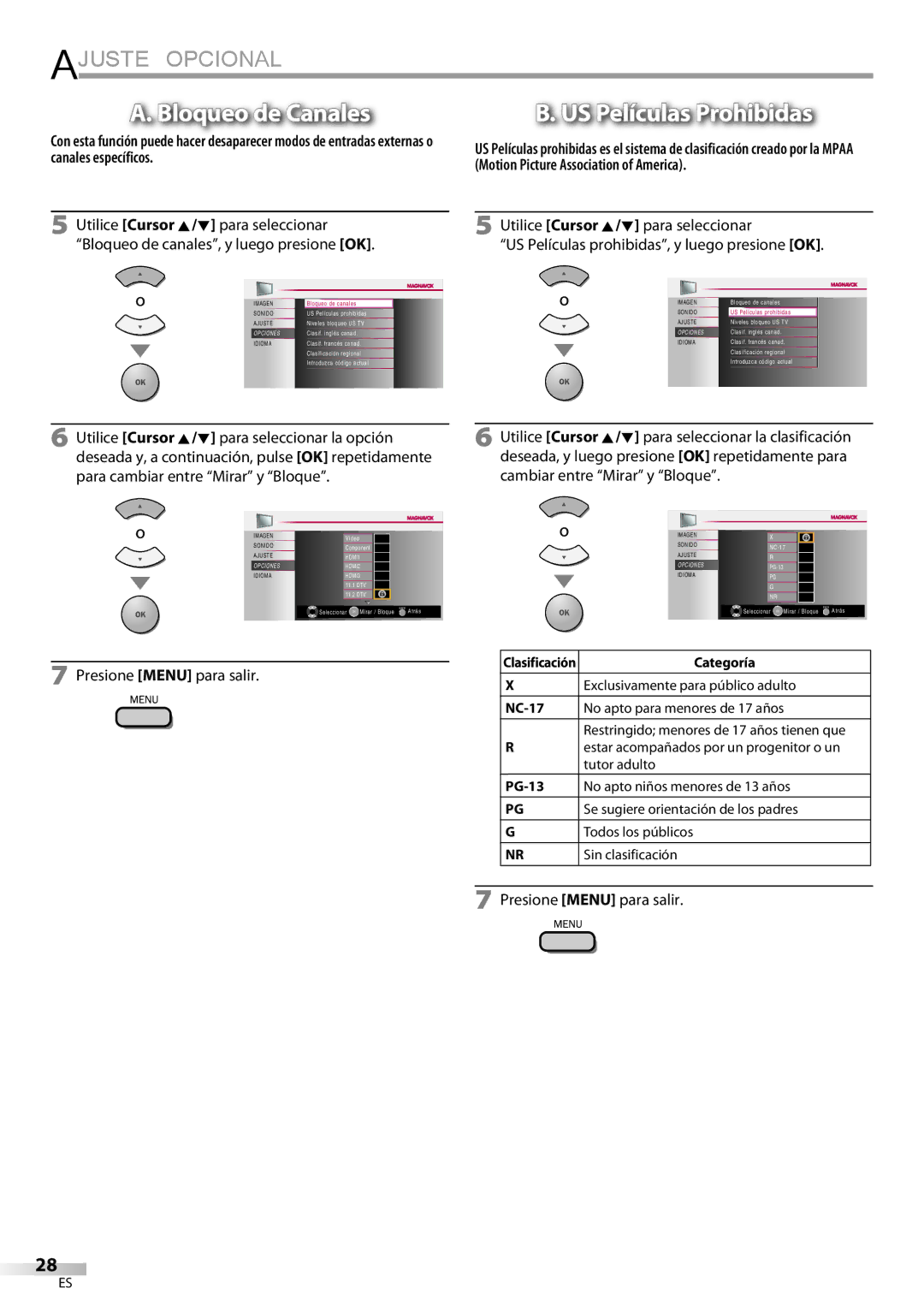 Magnavox 32MF339B user manual Bloqueo de Canales, US Películas Prohibidas 