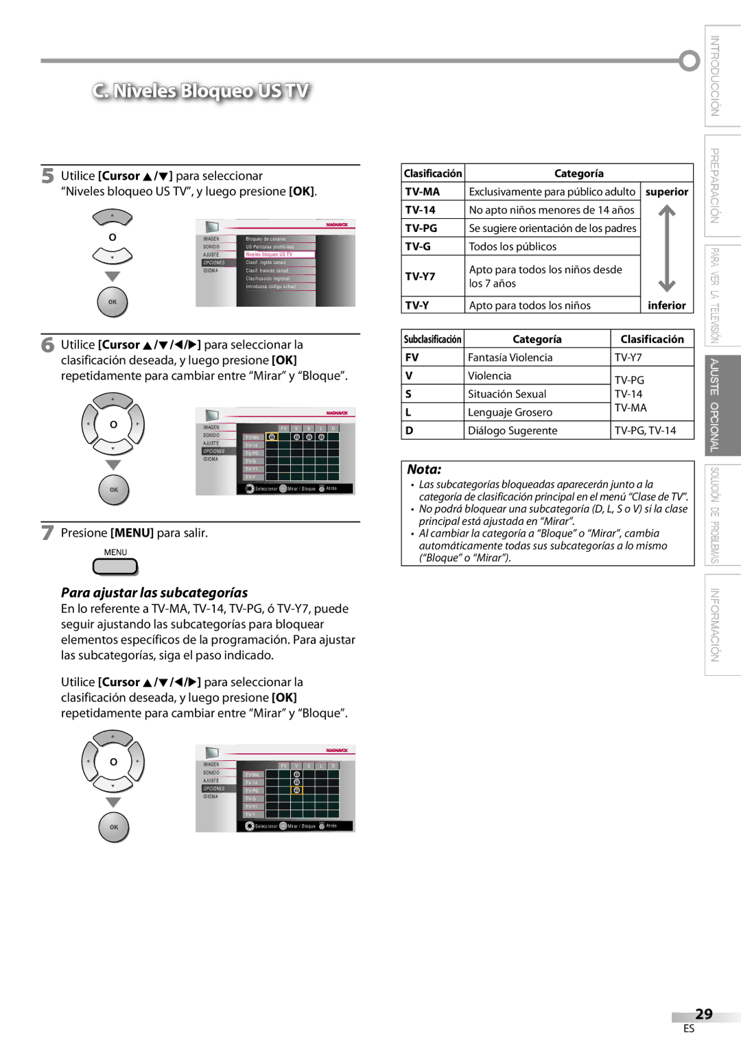 Magnavox 32MF339B user manual Niveles Bloqueo US TV, Para ajustar las subcategorías, Categoría Clasificación 