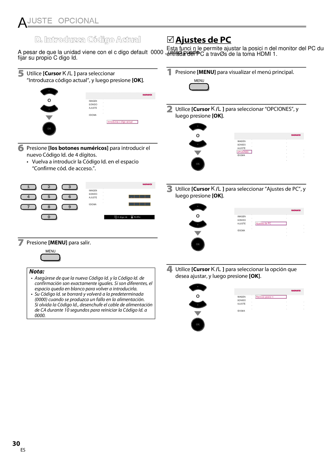 Magnavox 32MF339B user manual Introduzca Código Actual, 5Ajustes de PC 