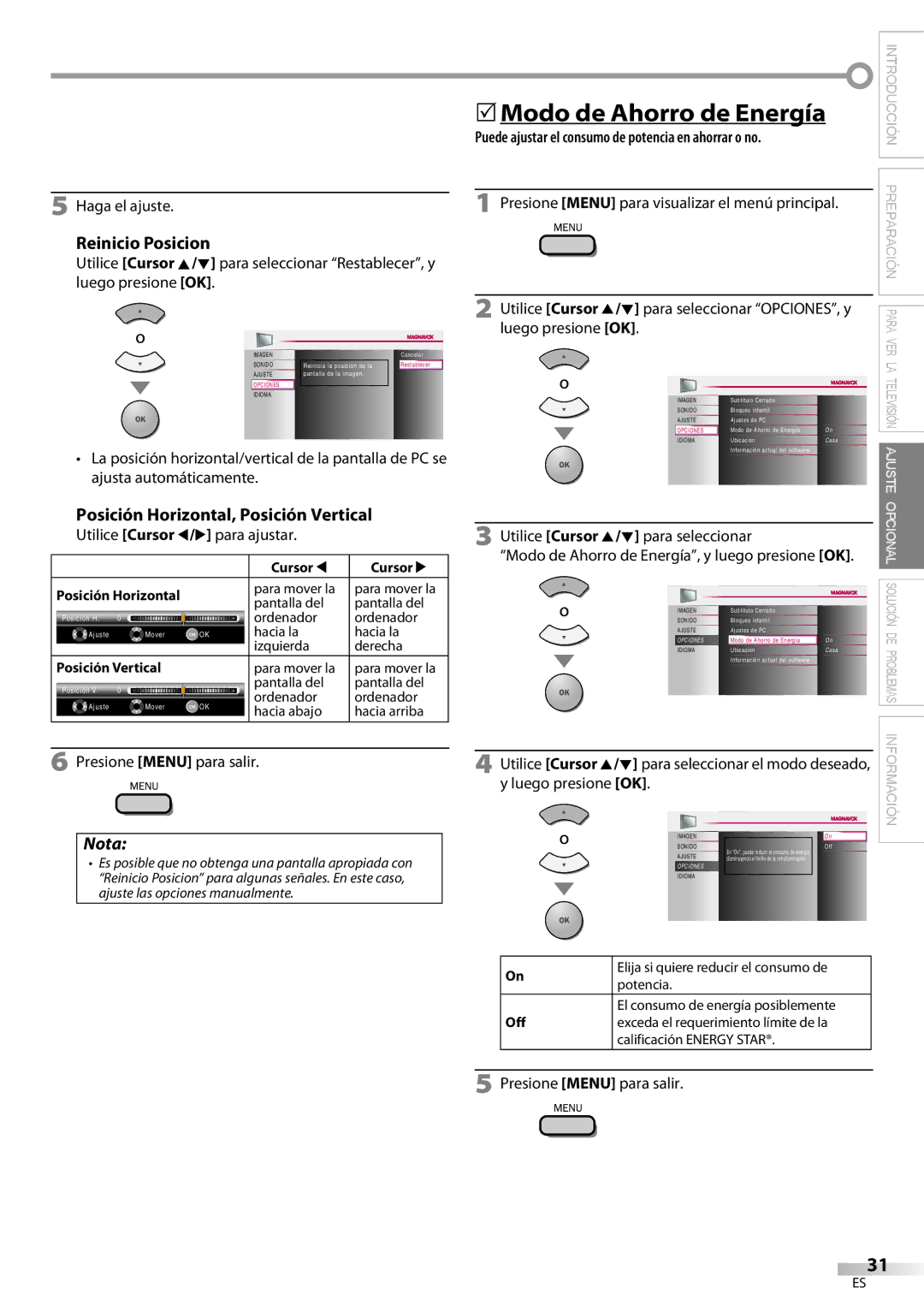 Magnavox 32MF339B 5Modo de Ahorro de Energía, Reinicio Posicion, Posición Horizontal, Posición Vertical, Haga el ajuste 