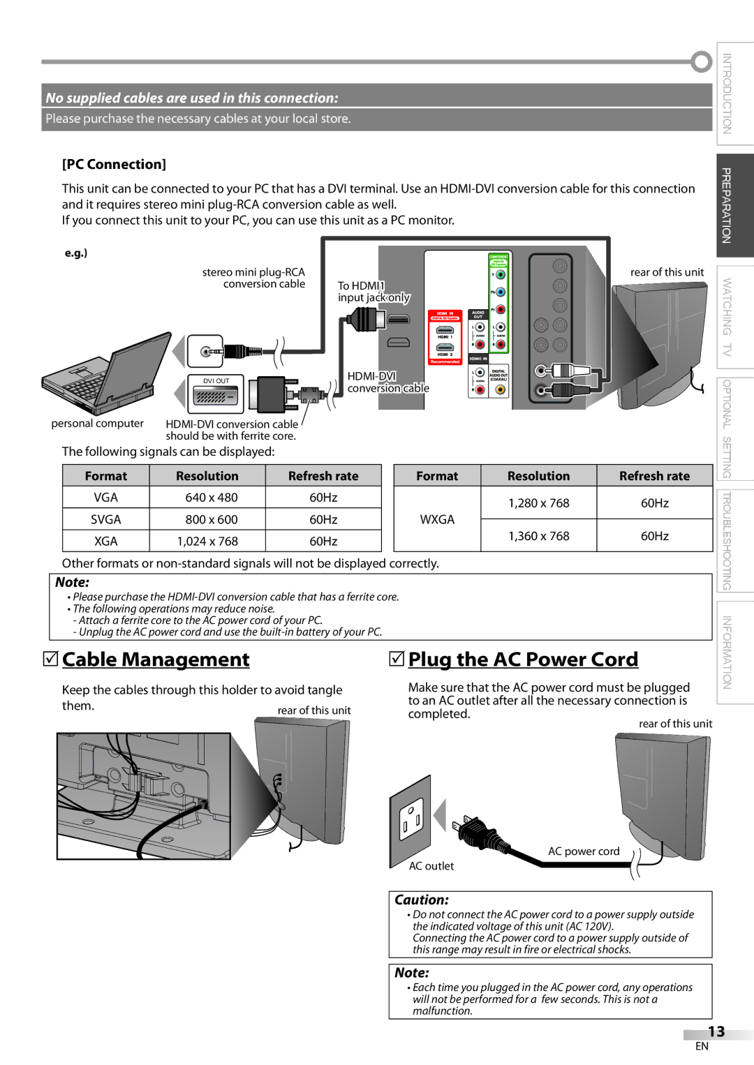 Magnavox 32MF339B user manual Cable Management Plug the AC Power Cord, PC Connection, Resolution 