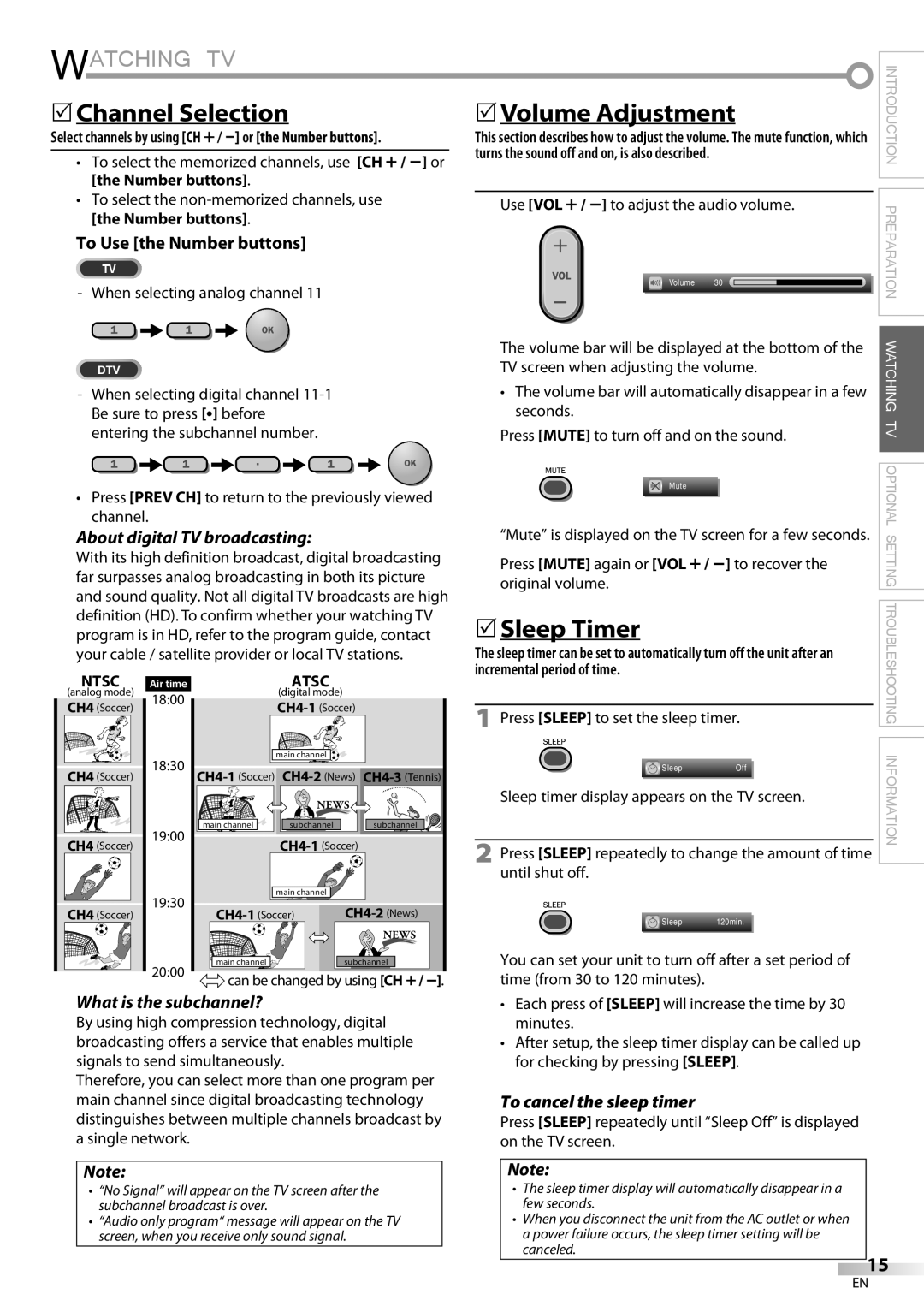 Magnavox 32MF339B user manual Watching TV, 5Channel Selection 5Volume Adjustment, 5Sleep Timer 