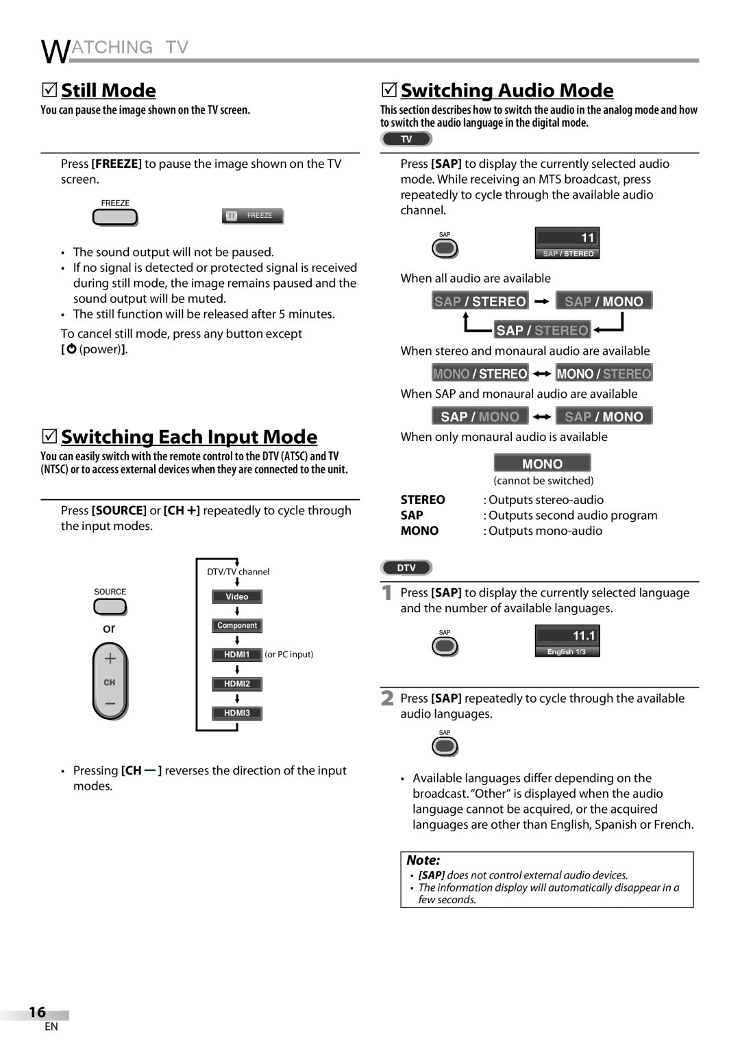 Magnavox 32MF339B user manual 5Still Mode, 5Switching Each Input Mode, 5Switching Audio Mode 