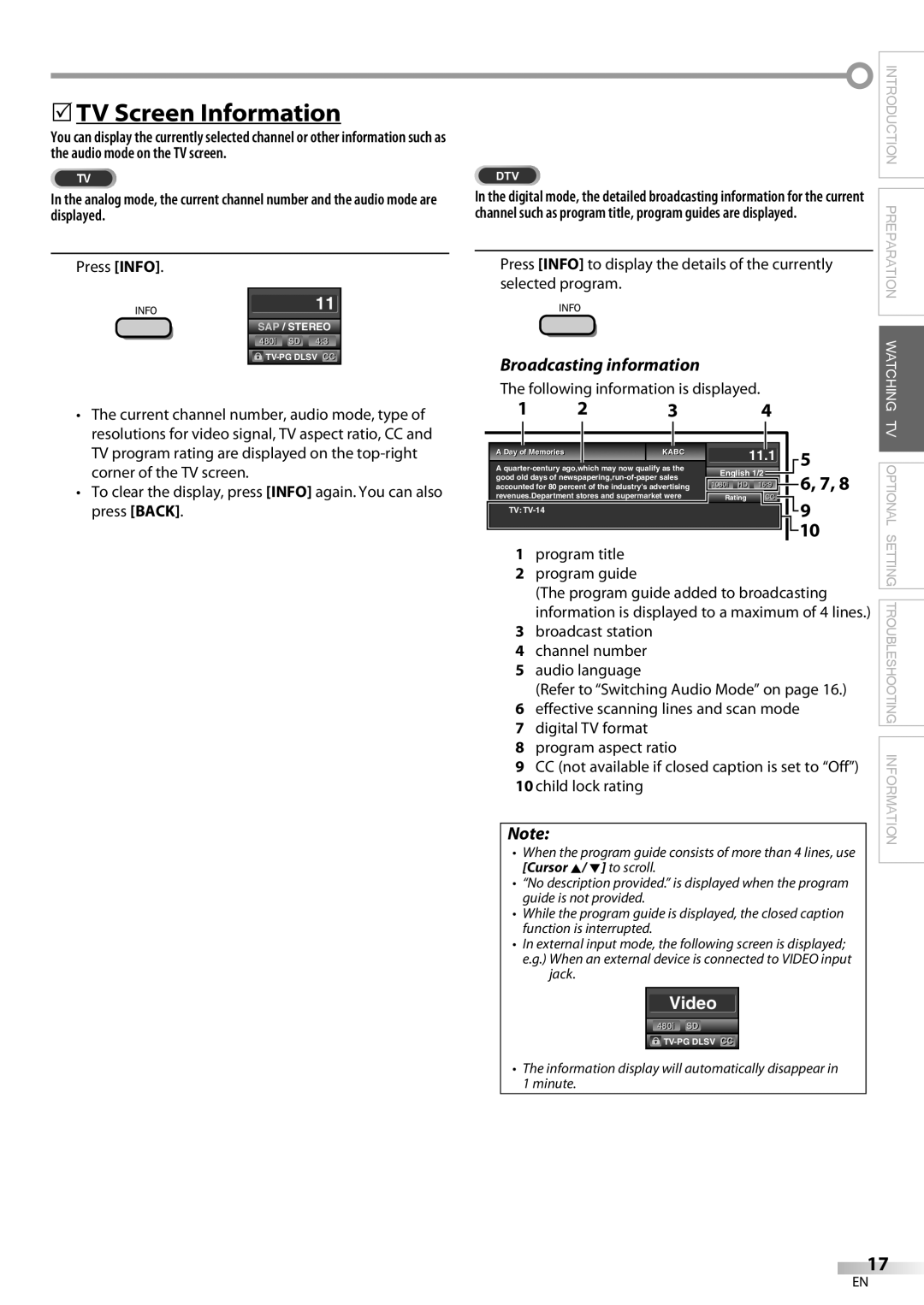 Magnavox 32MF339B user manual 5TV Screen Information, Broadcasting information, Press Info, Program title Program guide 