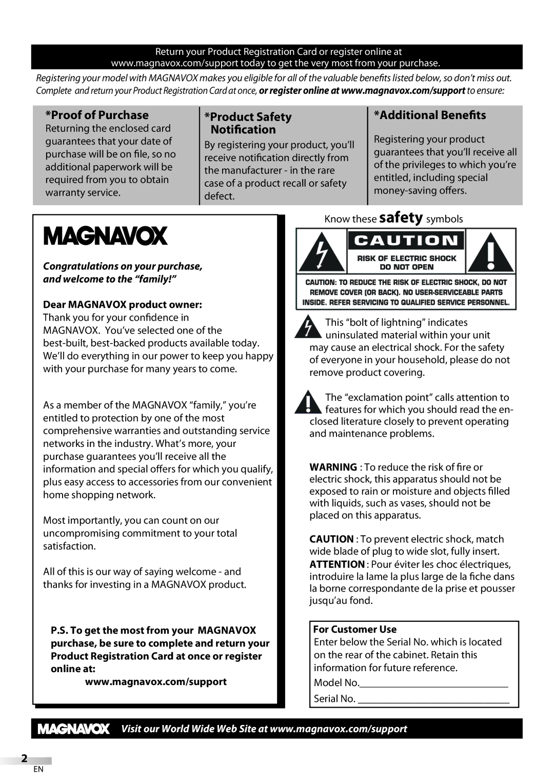 Magnavox 32MF339B user manual Notification, For Customer Use 