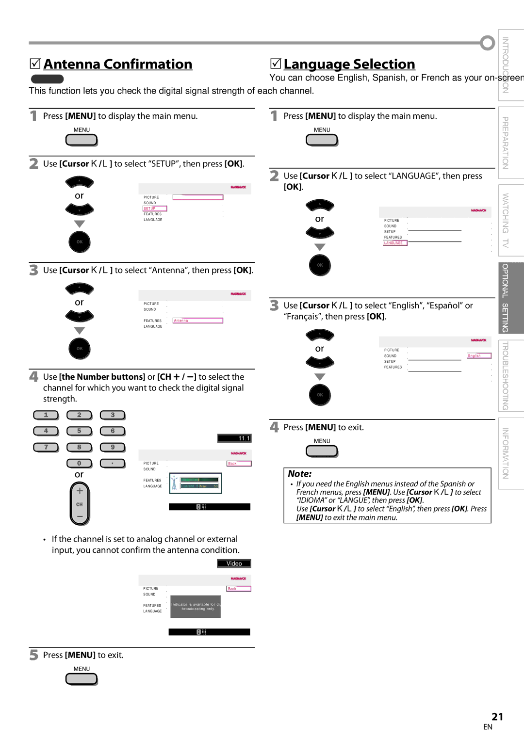 Magnavox 32MF339B user manual 5Antenna Confirmation, 5Language Selection, Use Cursor K/L to select Antenna, then press OK 