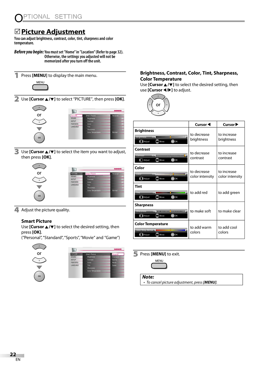 Magnavox 32MF339B user manual 5Picture Adjustment, Smart Picture, Adjust the picture quality 