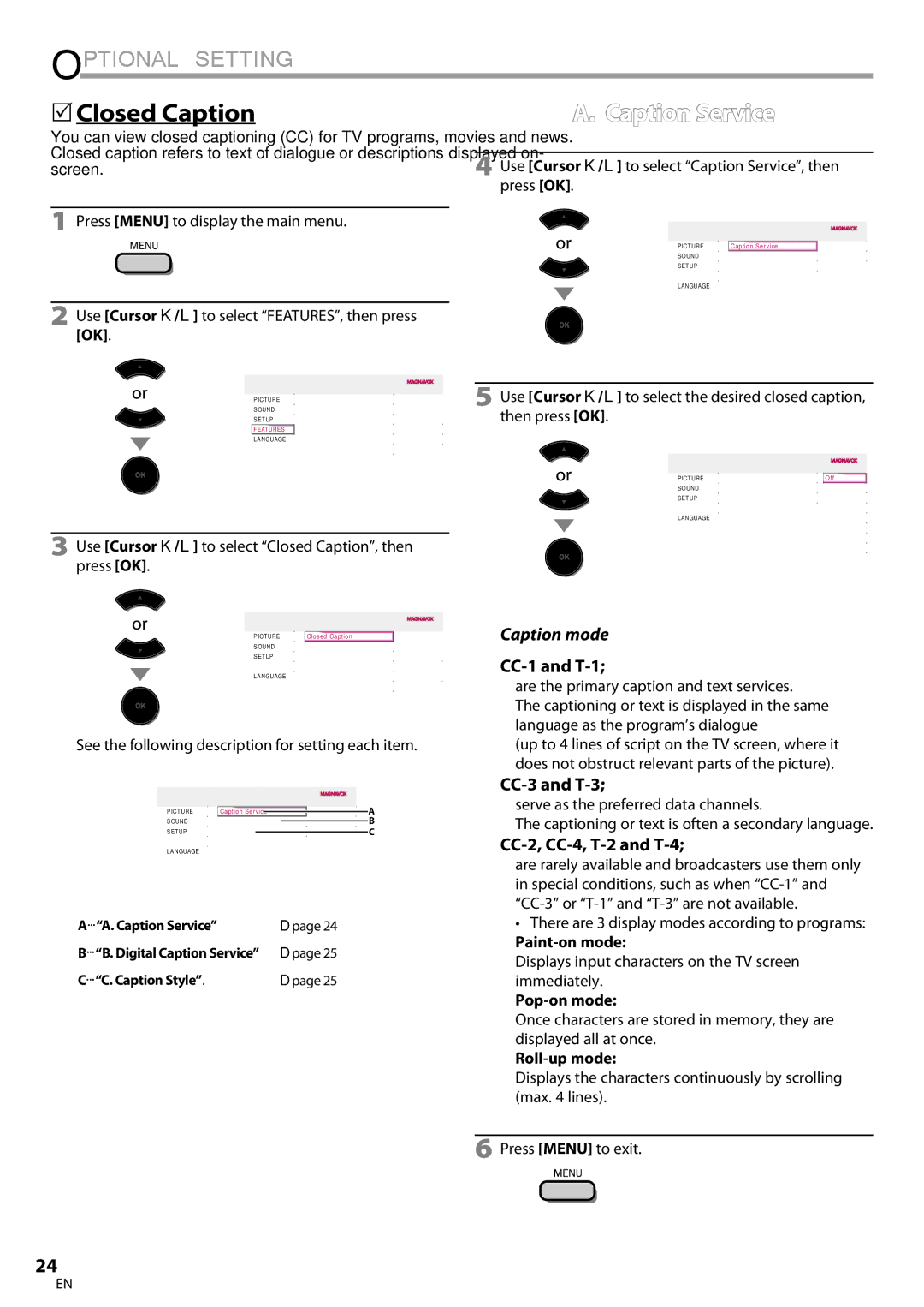Magnavox 32MF339B user manual 5Closed Caption, Caption Service, Caption mode 