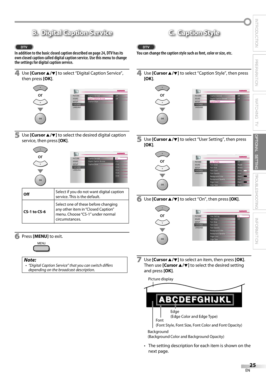 Magnavox 32MF339B user manual Digital Caption Service, Caption Style, Use Cursor, CS-1 to CS-6 