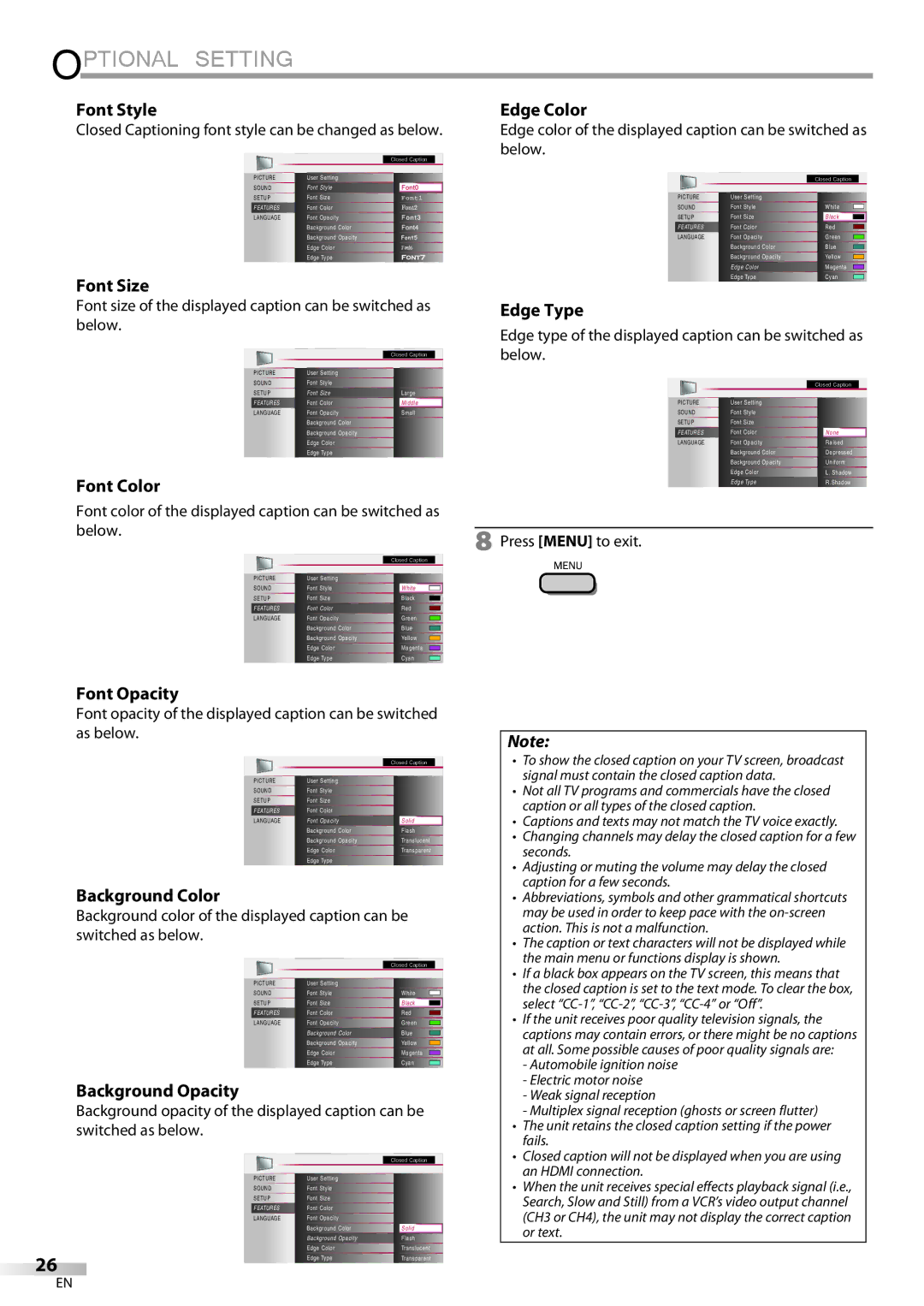 Magnavox 32MF339B user manual Font Style, Font Size Edge Color, Font Color, Edge Type, Font Opacity, Background Color 