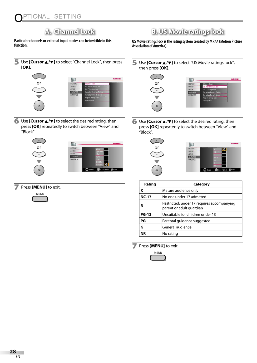 Magnavox 32MF339B user manual Use Cursor K/L to select Channel Lock, then press OK, NC-17, PG-13 