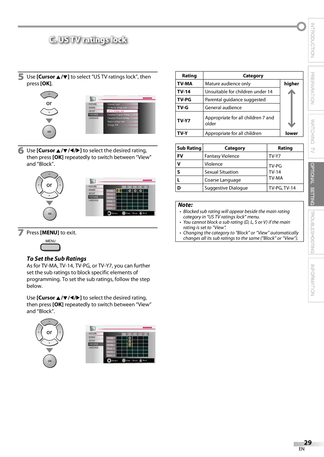 Magnavox 32MF339B user manual To Set the Sub Ratings, Use Cursor K/L to select US TV ratings lock, then press OK 