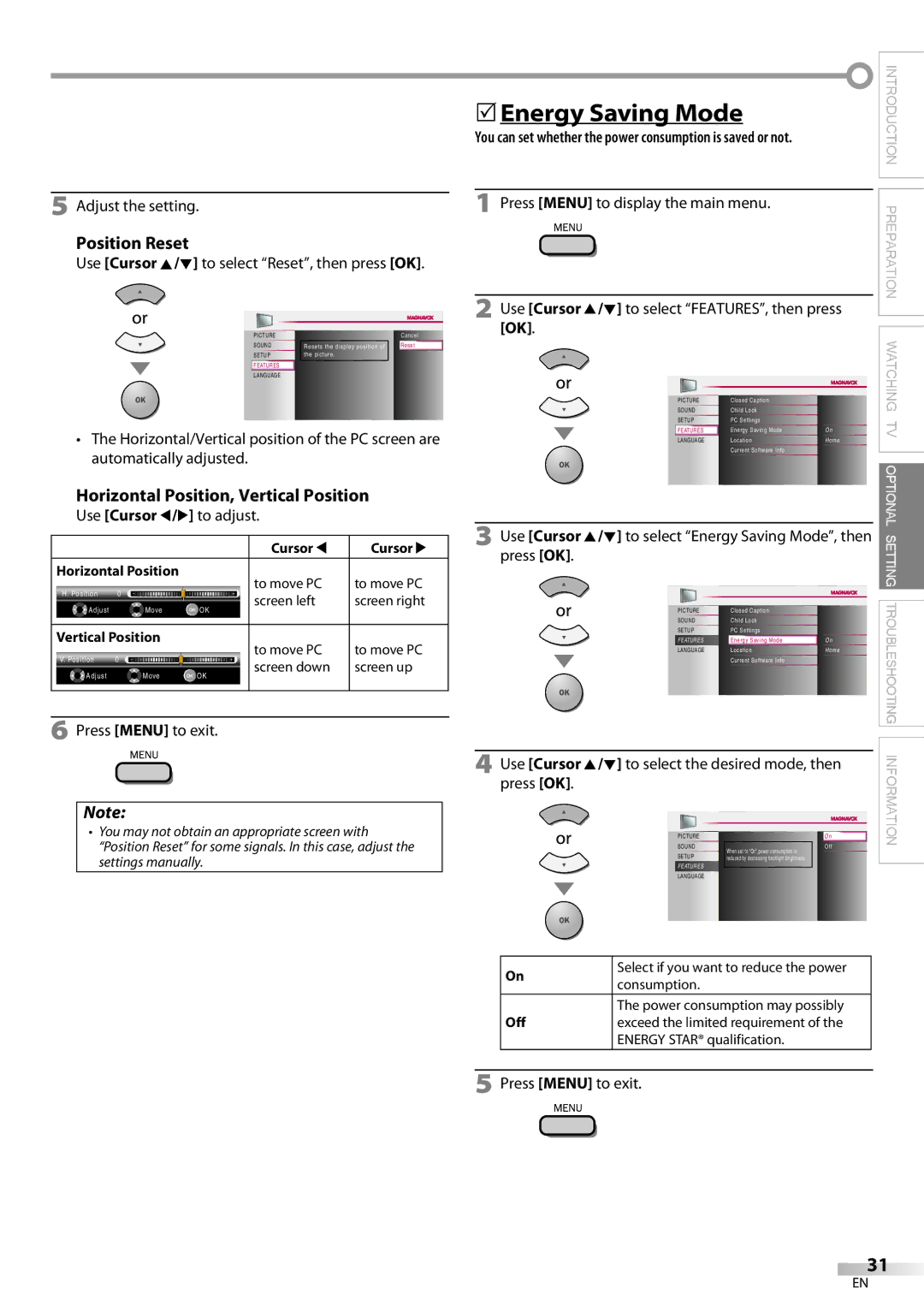 Magnavox 32MF339B user manual 5Energy Saving Mode, Position Reset, Horizontal Position, Vertical Position 