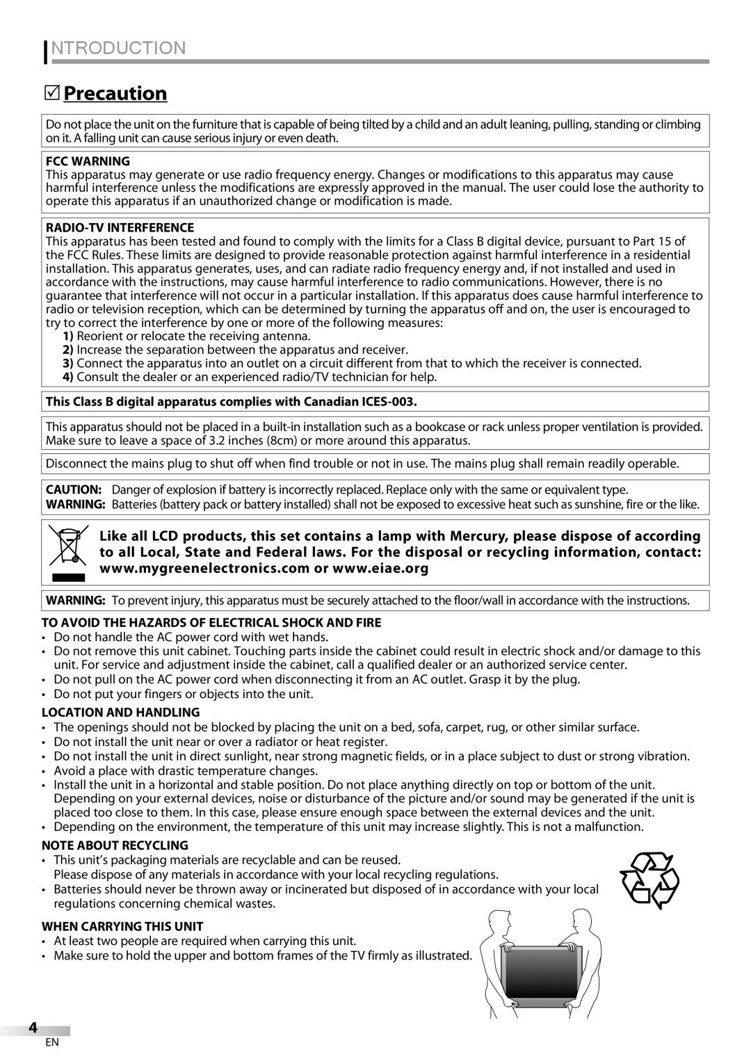 Magnavox 32MF339B user manual Introduction, Precaution 