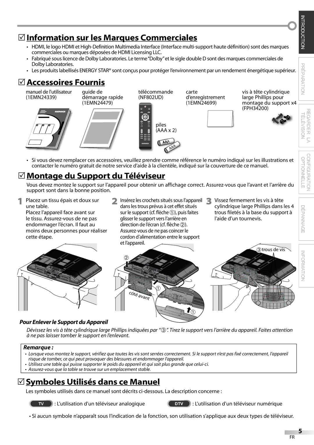 Magnavox 32MF339B 5Information sur les Marques Commerciales, 5Accessoires Fournis, 5Montage du Support du Téléviseur 