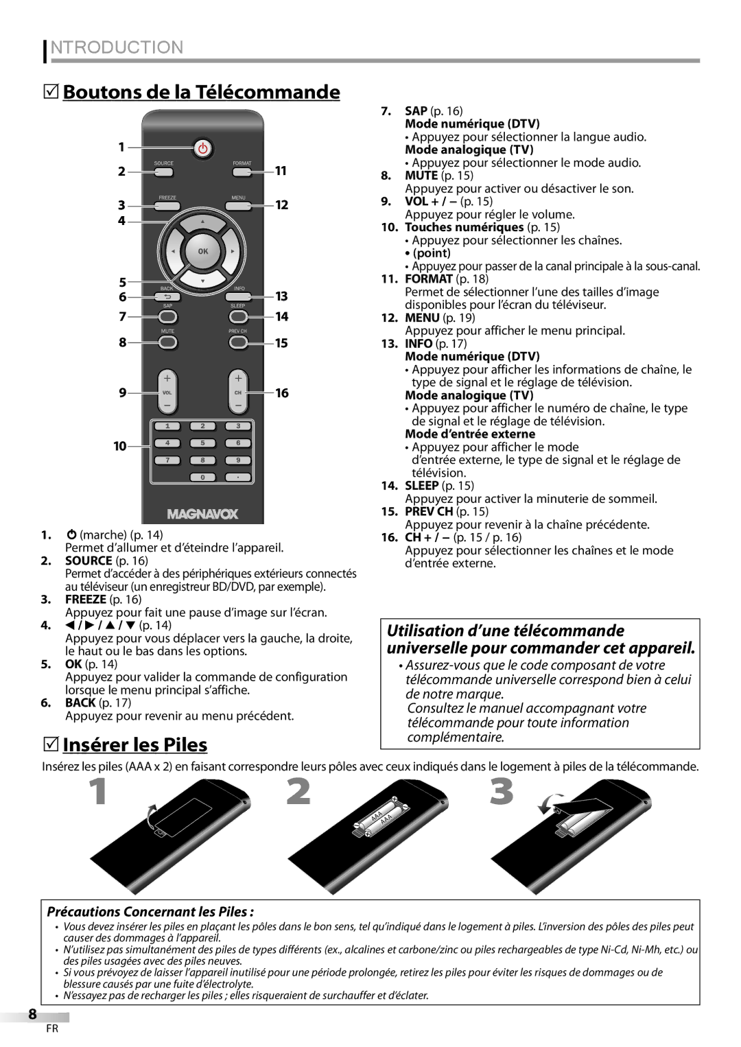 Magnavox 32MF339B user manual 5Boutons de la Télécommande, 5Insérer les Piles, Précautions Concernant les Piles 