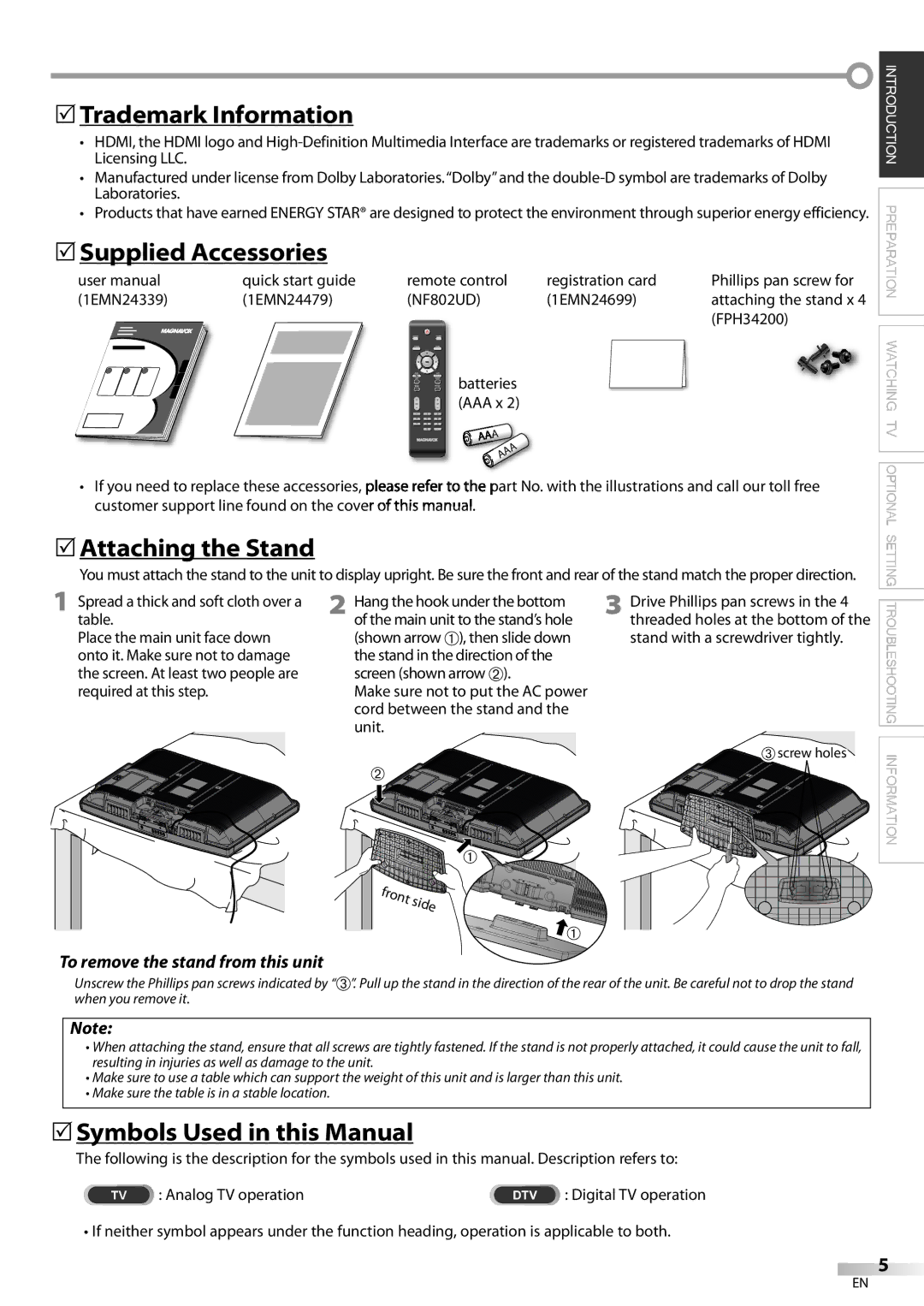 Magnavox 32MF339B 5Trademark Information, 5Supplied Accessories, 5Attaching the Stand, 5Symbols Used in this Manual 