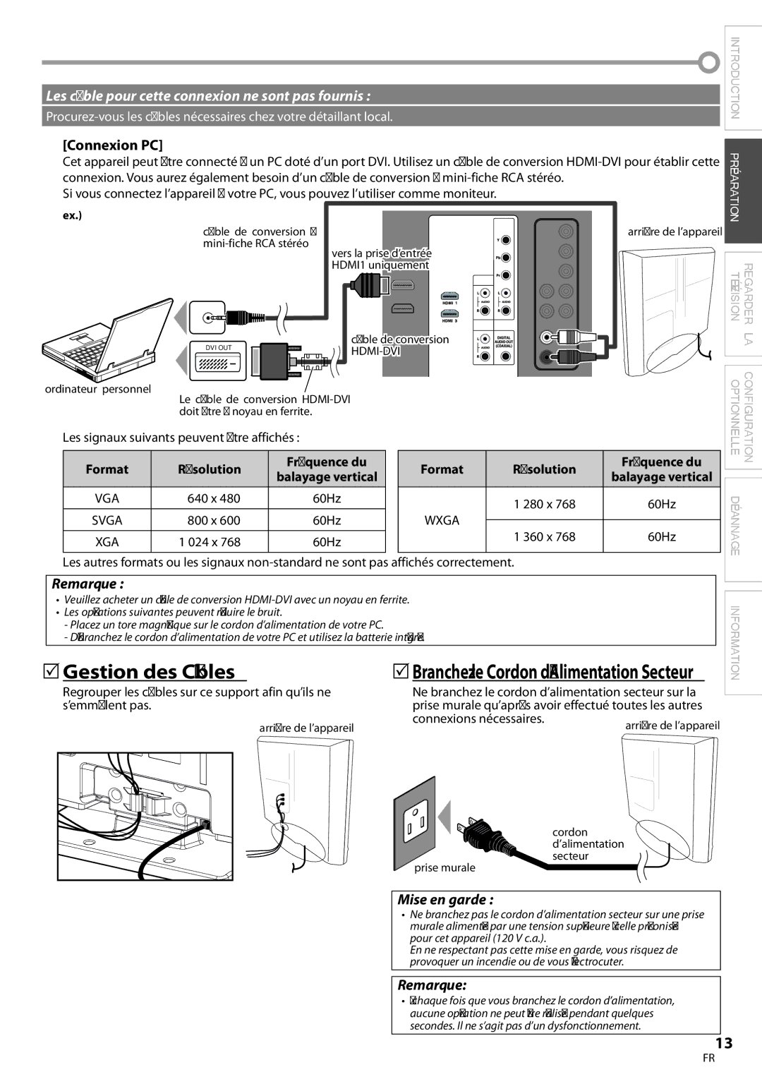 Magnavox 32MF339B 5Gestion des Câbles, Connexion PC, 5Branchez le Cordon d’Alimentation Secteur, Mise en garde, Résolution 