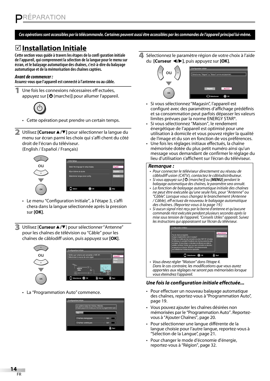 Magnavox 32MF339B user manual 5Installation Initiale, Avant de commencer, Une fois la configuration initiale effectuée 