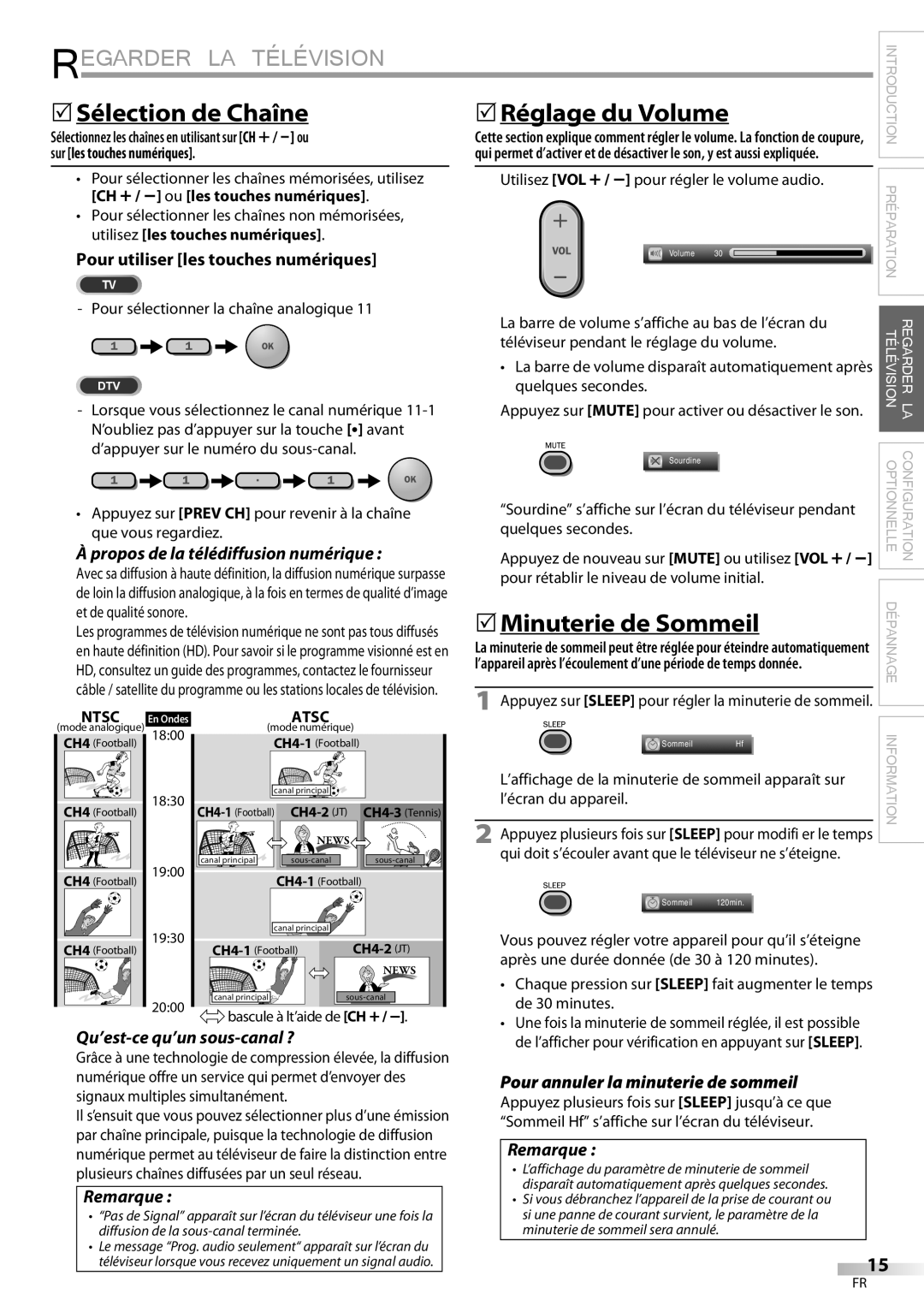 Magnavox 32MF339B user manual 5Sélection de Chaîne, 5Réglage du Volume, 5Minuterie de Sommeil 