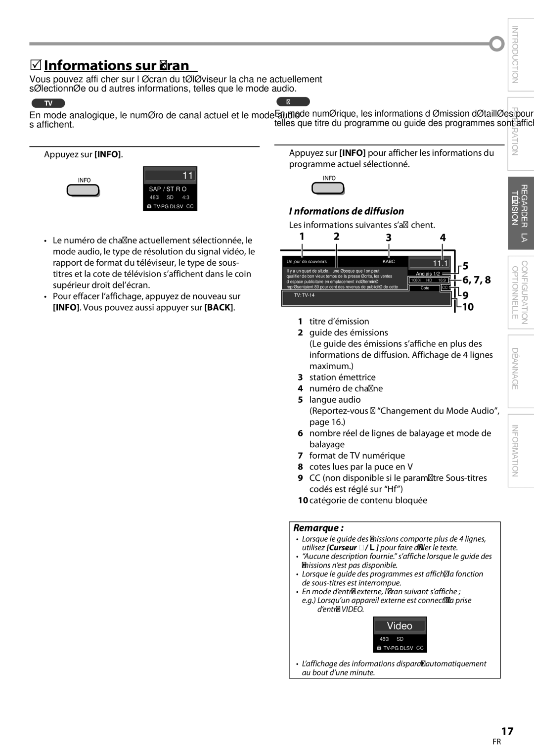 Magnavox 32MF339B user manual 5Informations sur Écran, Appuyez sur Info, Nombre réel de lignes de balayage et mode de 