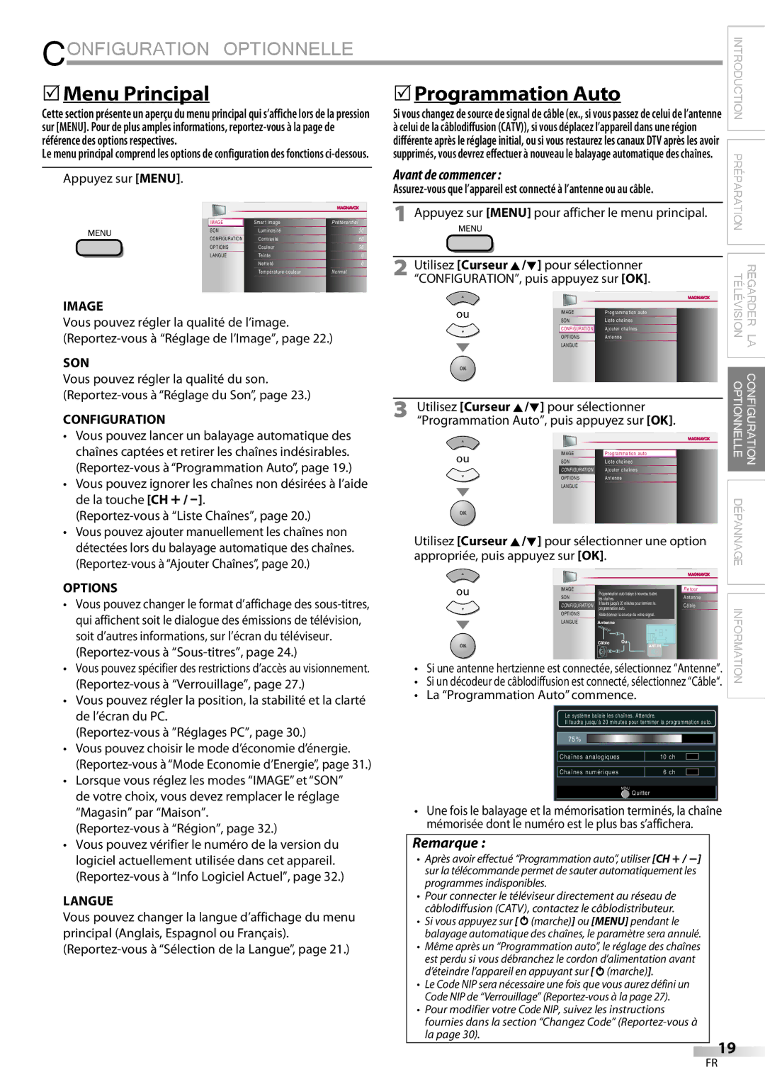 Magnavox 32MF339B user manual Configuration Optionnelle, 5Menu Principal, 5Programmation Auto 