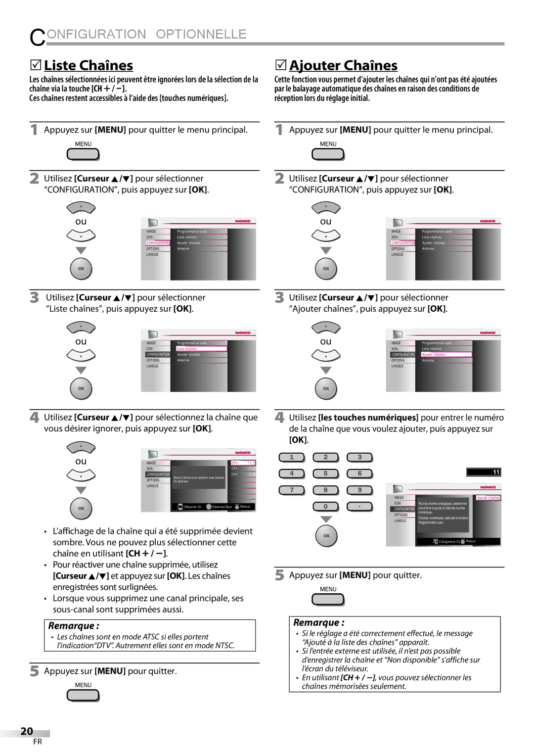 Magnavox 32MF339B user manual 5Liste Chaînes, 5Ajouter Chaînes, Appuyez sur Menu pour quitter le menu principal 