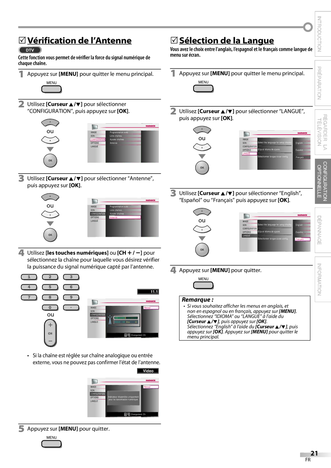 Magnavox 32MF339B user manual 5Vérification de l’Antenne, 5Sélection de la Langue, Menu sur écran, Puis appuyez sur OK 