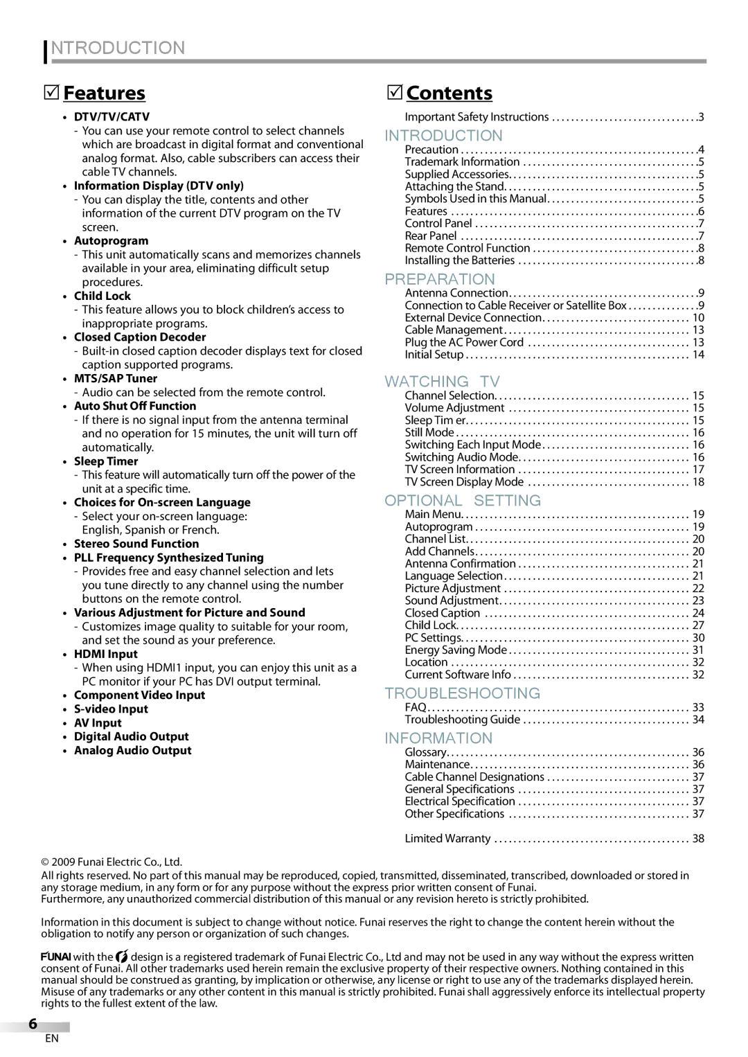 Magnavox 32MF339B user manual Features, Contents 