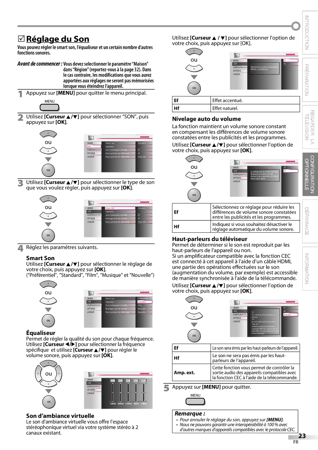 Magnavox 32MF339B user manual 5Réglage du Son, Smart Son, Équaliseur, Nivelage auto du volume, Son d’ambiance virtuelle 