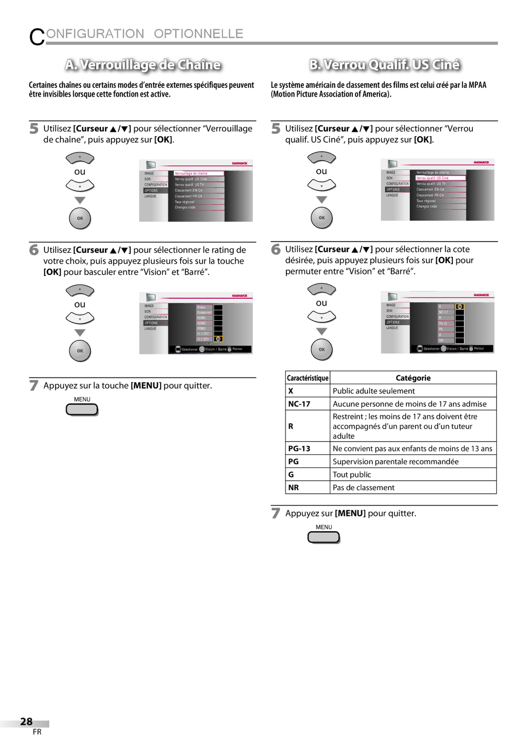 Magnavox 32MF339B user manual Verrouillage de Chaîne, Appuyez sur la touche Menu pour quitter 