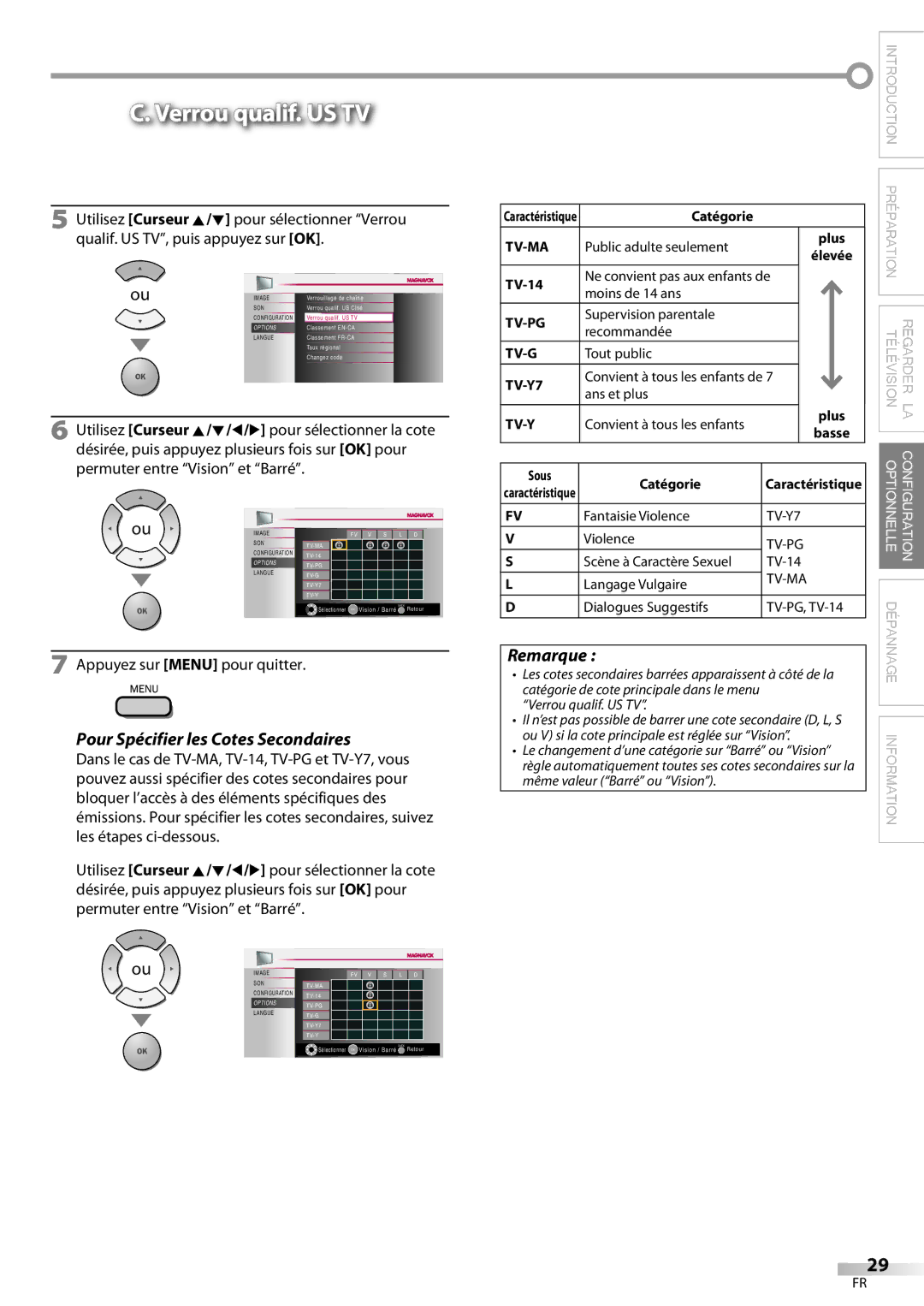 Magnavox 32MF339B user manual Verrou qualif. US TV, Pour Spécifier les Cotes Secondaires, Sous Catégorie 