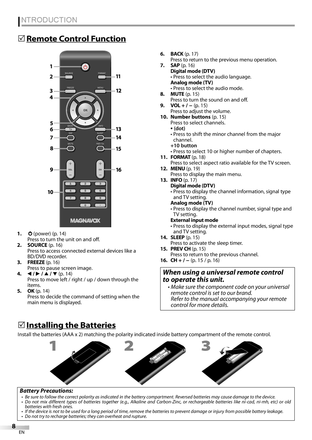 Magnavox 32MF339B user manual 5Remote Control Function, 5Installing the Batteries, 211 714, Battery Precautions 