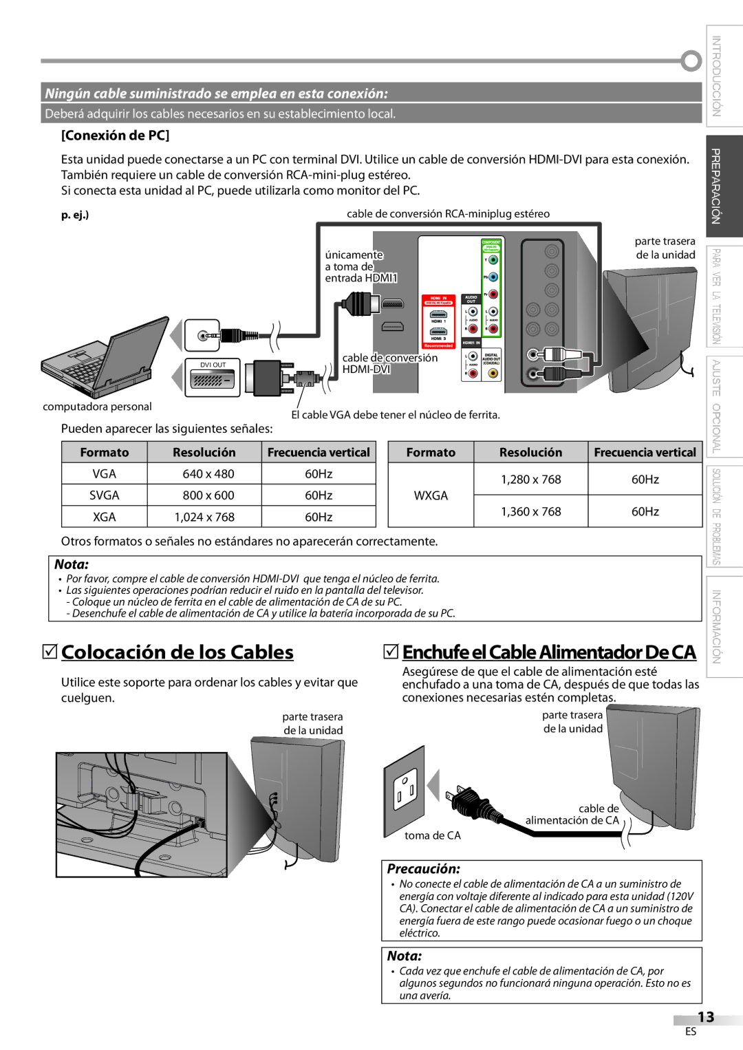 Magnavox 32MF339B 5Colocación de los Cables, 5EnchufeelCableAlimentadorDeCA, Conexión de PC, Precaución, Resolución 