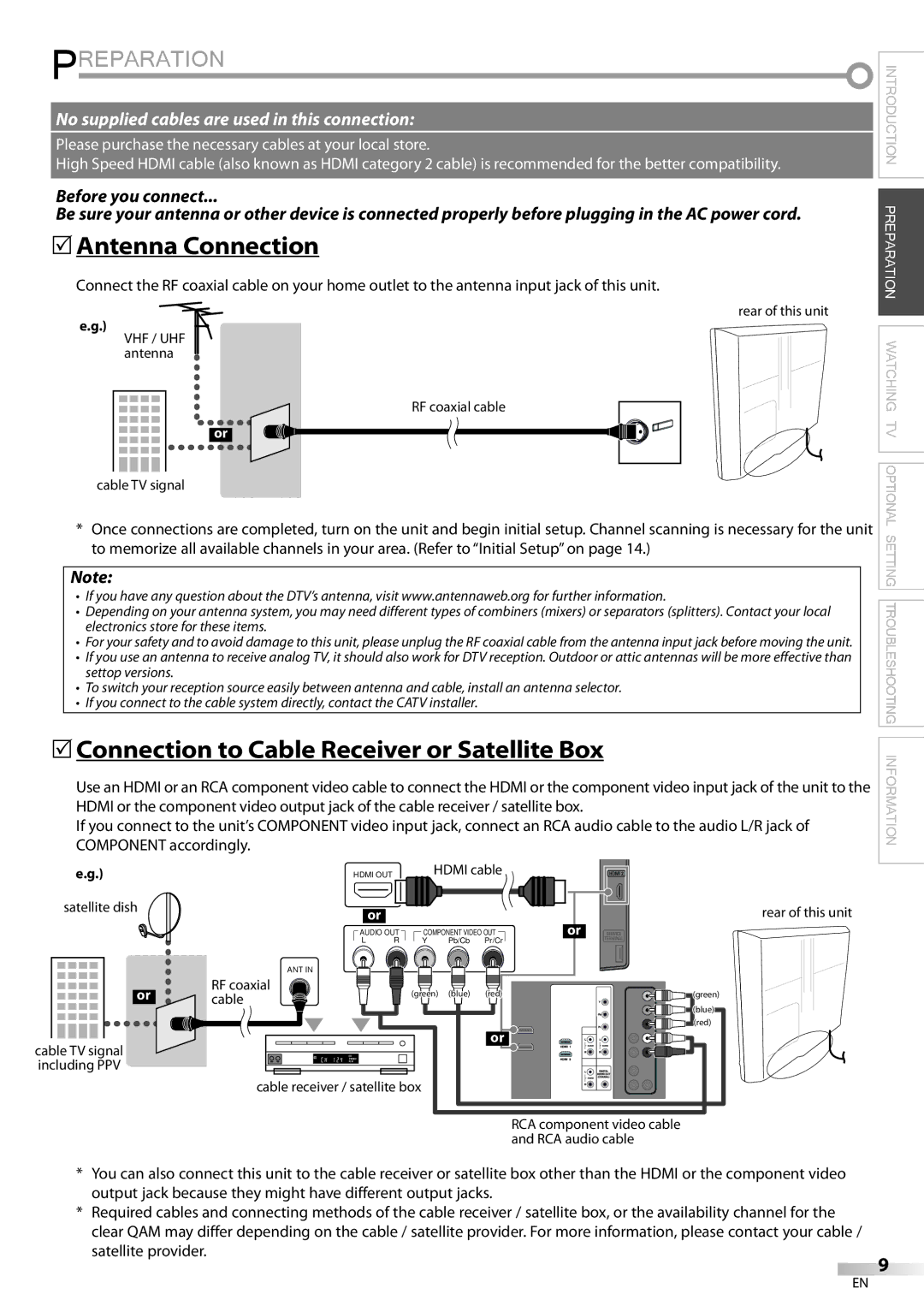 Magnavox 32MF339B user manual Preparation, 5Antenna Connection, 5Connection to Cable Receiver or Satellite Box 