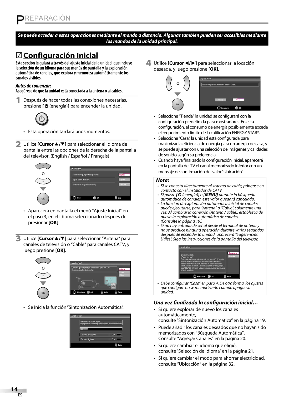 Magnavox 32MF339B user manual 5Configuración Inicial, Antes de comenzar, Una vez finalizada la configuración inicial… 