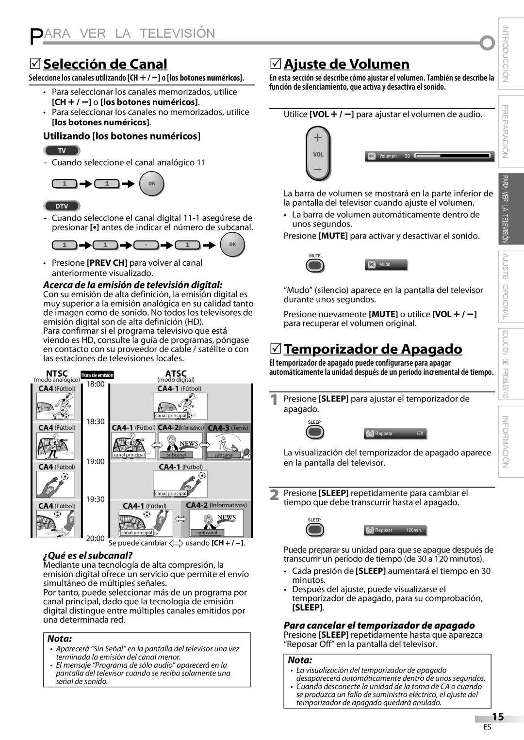 Magnavox 32MF339B user manual Para VER LA Televisión, 5Selección de Canal 5Ajuste de Volumen, 5Temporizador de Apagado 