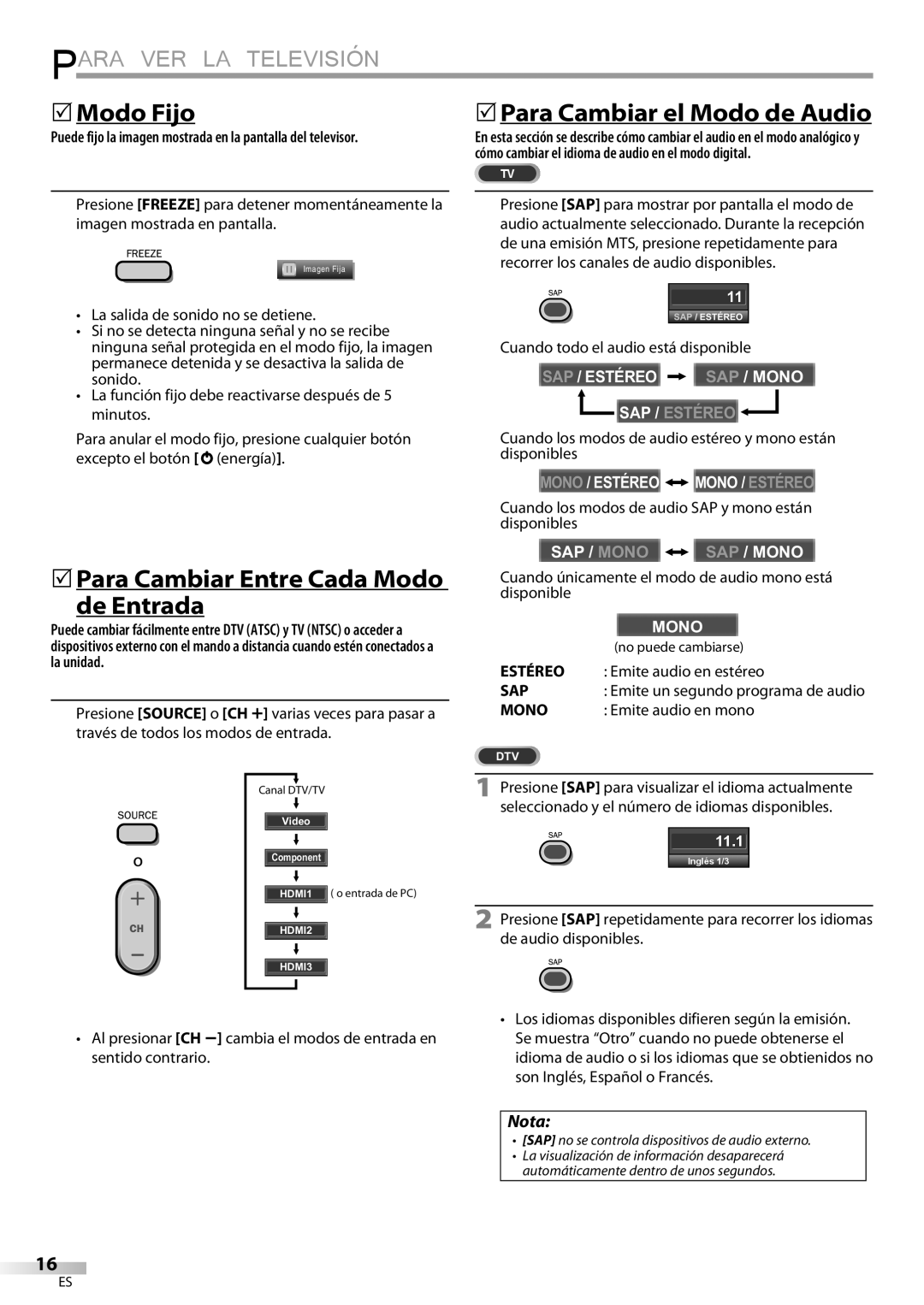 Magnavox 32MF339B user manual 5Modo Fijo, 5Para Cambiar Entre Cada Modo de Entrada, 5Para Cambiar el Modo de Audio, Estéreo 