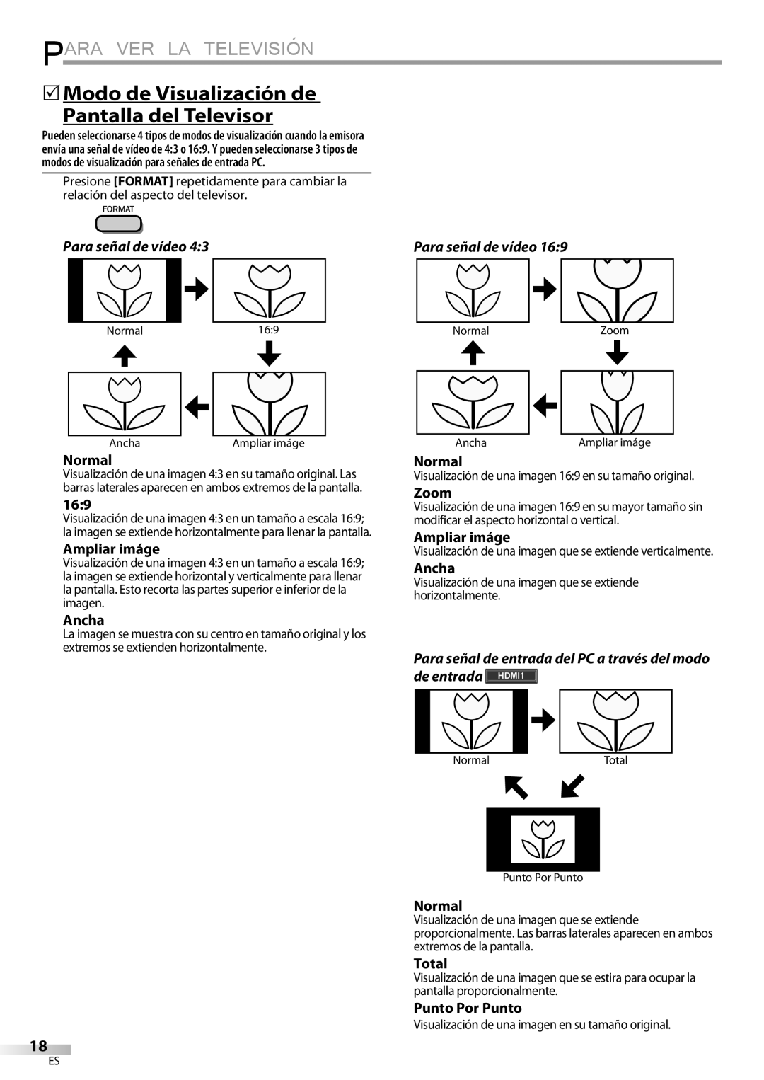 Magnavox 32MF339B user manual 5Modo de Visualización de Pantalla del Televisor, Para señal de vídeo 