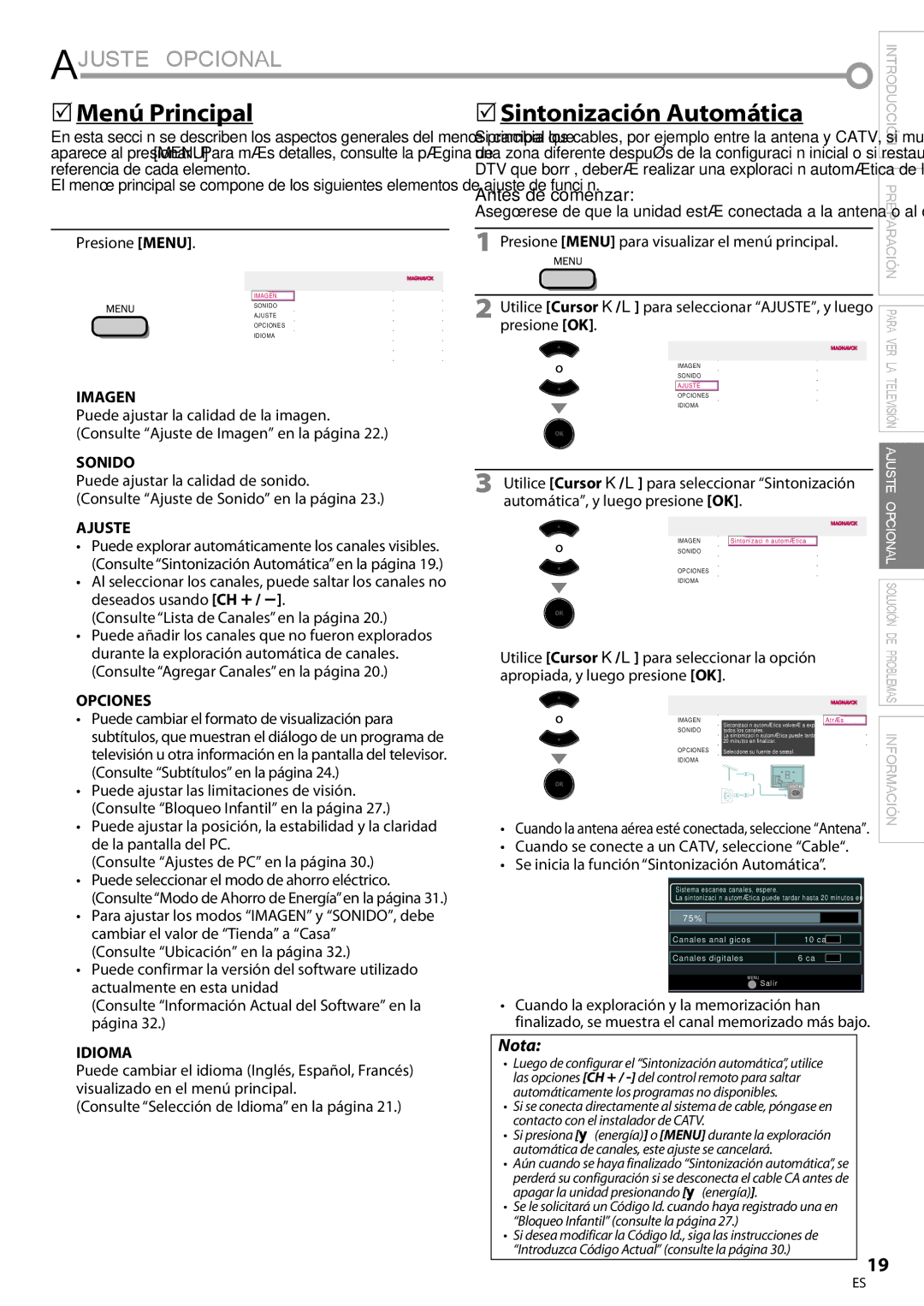 Magnavox 32MF339B user manual Ajuste Opcional, 5Menú Principal, 5Sintonización Automática 