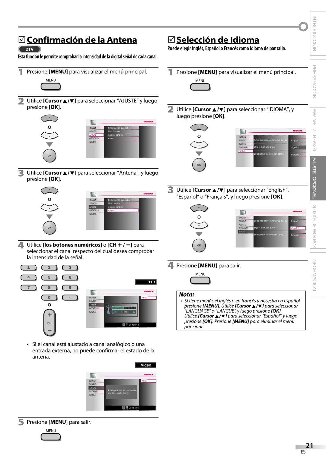 Magnavox 32MF339B user manual 5Confirmación de la Antena, 5Selección de Idioma 
