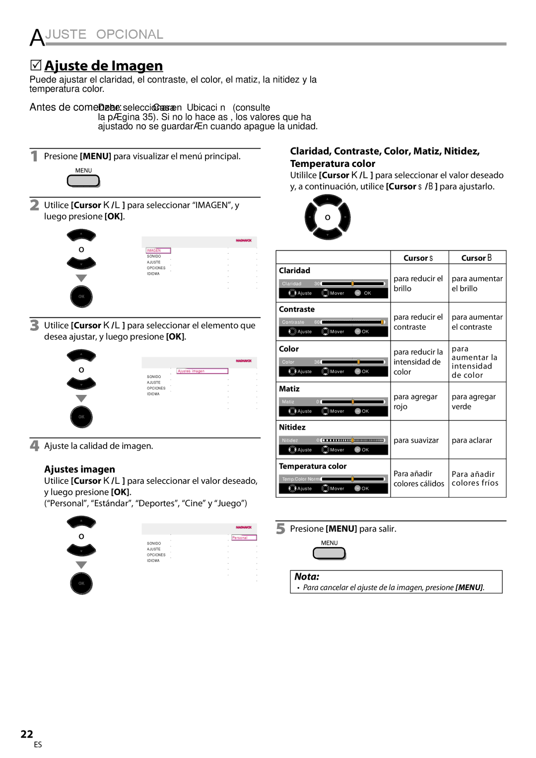 Magnavox 32MF339B user manual 5Ajuste de Imagen, Ajustes imagen, Presione Menu para visualizar el menú principal 