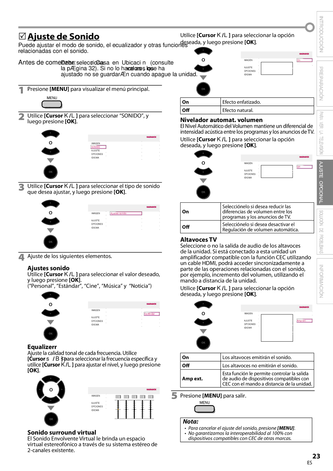 Magnavox 32MF339B user manual 5Ajuste de Sonido, Ajustes sonido, Equalizerr, Sonido surround virtual 
