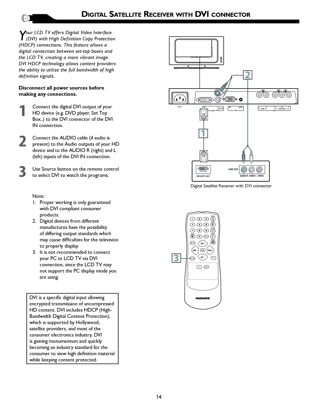 Magnavox 32MF605W, 26MF605W owner manual Digital Satellite Receiver with DVI Connector 