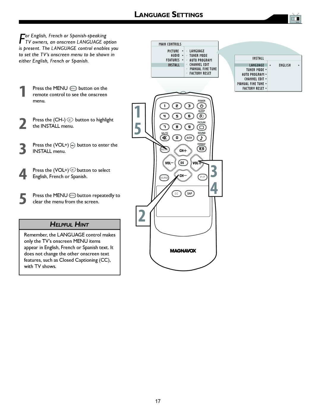 Magnavox 26MF605W, 32MF605W owner manual Language Settings, For English, French or Spanish-speaking 