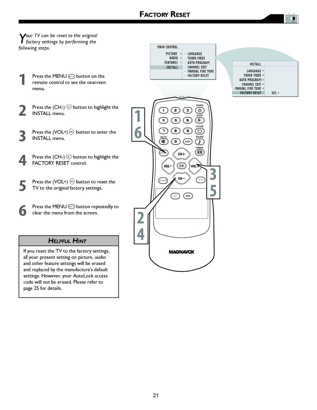 Magnavox 26MF605W, 32MF605W owner manual Factory Reset 